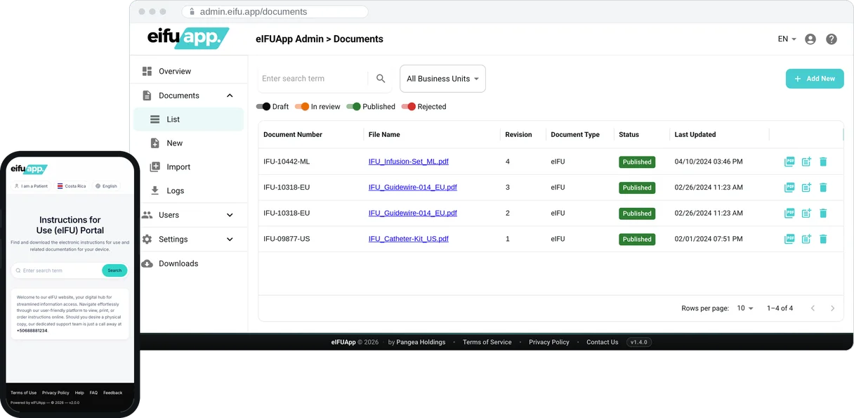 eIFUApp admin console showing a controlled document list with revisions and published status, beside the public Instructions for Use portal on a phone